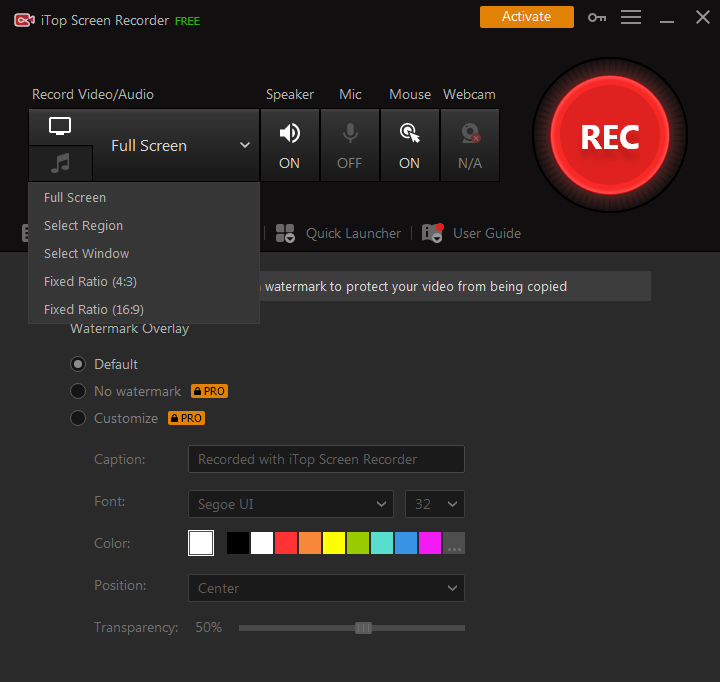 Open the list of your recordings Set the screen capture ratio and the screen region you want to record